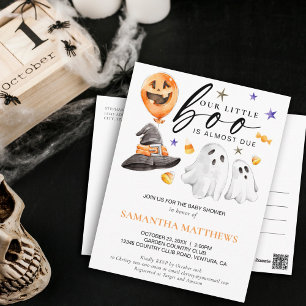 Cartão Postal Chá de fraldas de Aquarela do Halloween Little Boo