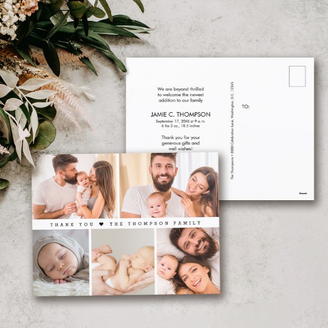 Cartão Postal Chá de fraldas de Colagem de Fotografias Simples M (Custom Modern Baby Shower Thank you photo collage postcard.)