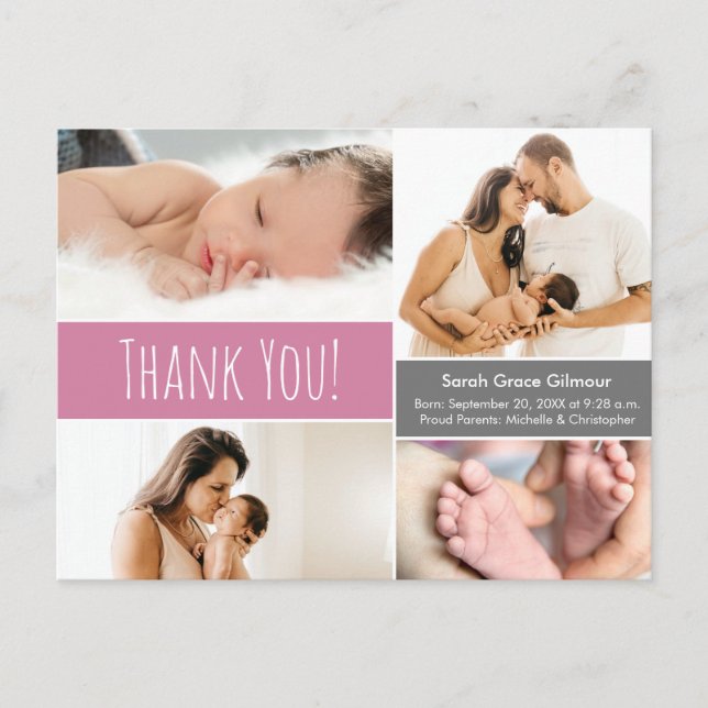 Cartão Postal Chá de fraldas de Colagem de Fotos Rosa Moderna (Frente)