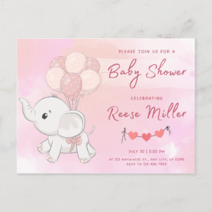 Cartão Postal chá de fraldas de convite, elefante, meninas,