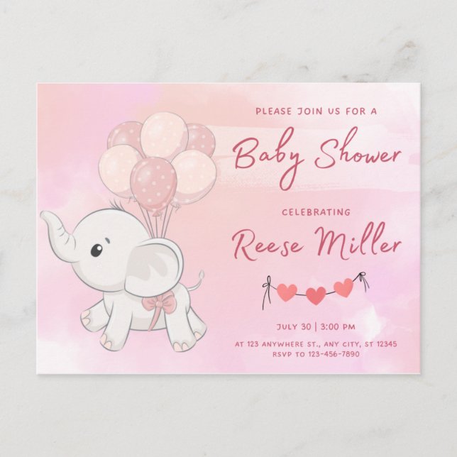 Cartão Postal chá de fraldas de convite, elefante, meninas, (Frente)