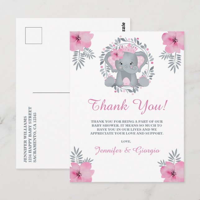 Cartão Postal Chá de fraldas De Elefante Floral Safari Rosa Obri (Frente/Verso)