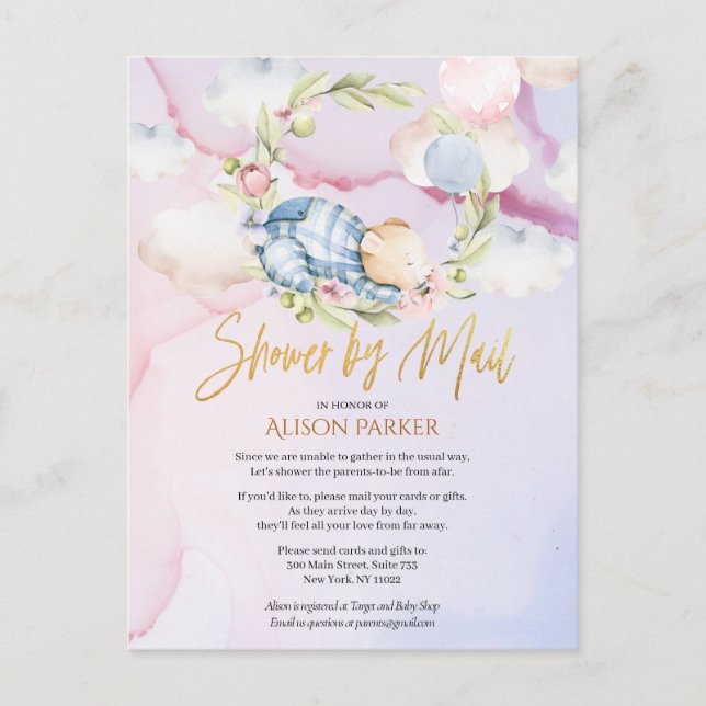 Cartão Postal Chá de fraldas de Garoto de Urso de Teddy da Flore (Frente)