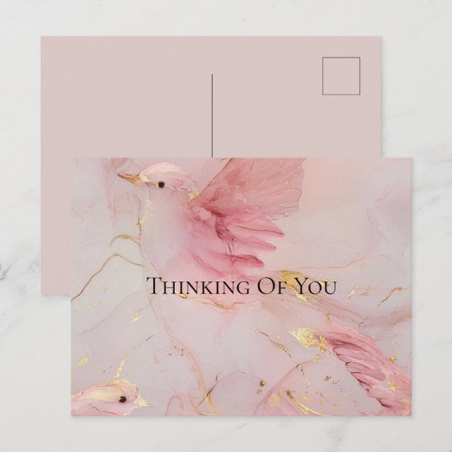 Cartão Postal Chá de fraldas Dourado de Pássaros Rosa-Rosa (Frente/Verso)