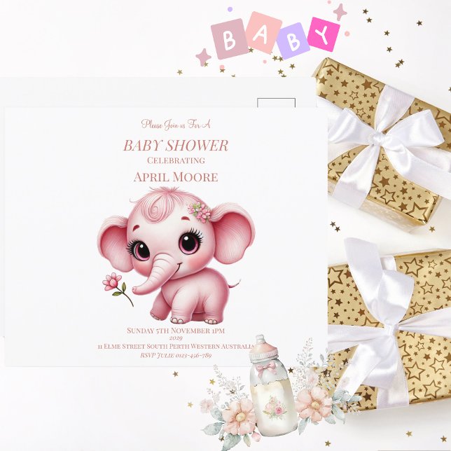 Cartão Postal Chá de fraldas Elegante de Elefante Rosa (Baby Shower Baby Girl Elephant Invitation Postcard)
