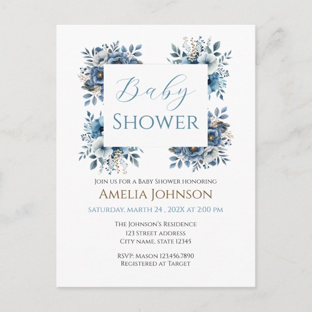 Cartão Postal Chá de fraldas Floral Moderno Azul (Frente)