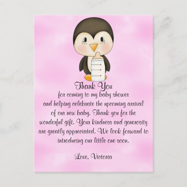 Cartão Postal Chá de fraldas Obrigado Pinguim (Frente)