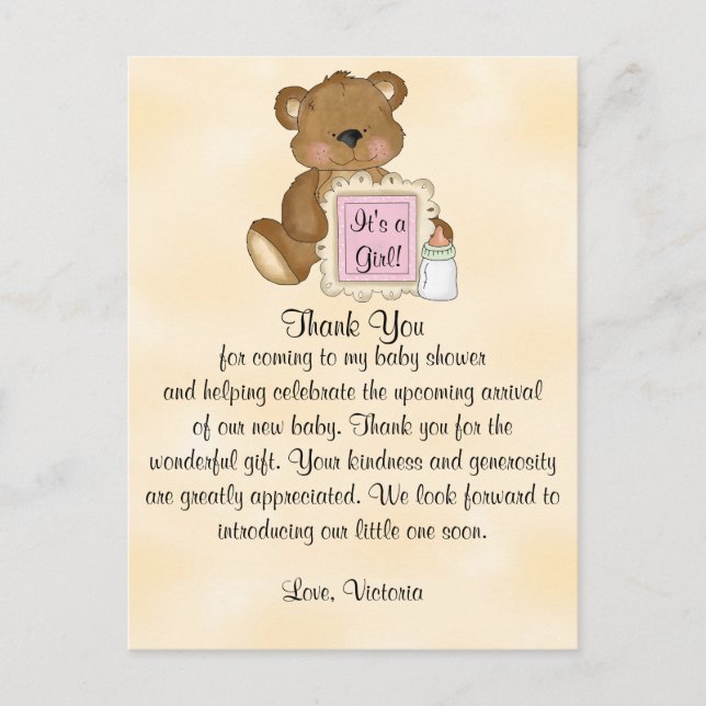 Cartão Postal Chá de fraldas Obrigado Urso De Teddy (Frente)
