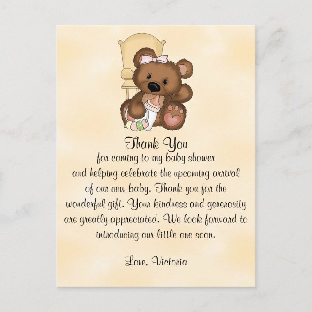 Cartão Postal Chá de fraldas Obrigado Urso De Teddy (Frente)
