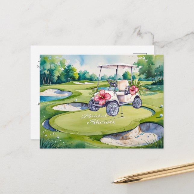 Cartão Postal Chá de Noiva de Golfe com carrinho de golfe para N (Frente/Verso In Situ)