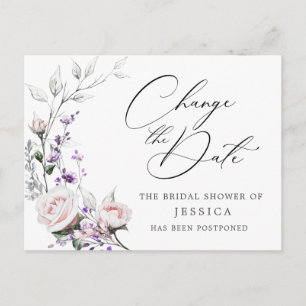 Cartão Postal chá de panela adiado Data Elegante Rosas de Blush