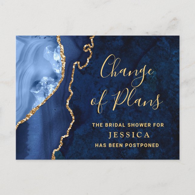 Cartão Postal Chá de panela Azul Dourado Moderno Adiado (Frente)