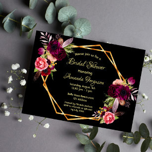 Cartão Postal Chá de panela de burgundy floral preto