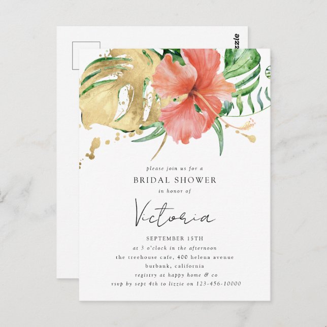 Cartão Postal Chá de panela de Casamento de Destino Floral Tropi (Frente/Verso)