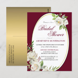 Cartão Postal Chá de panela Dourado Floral Elegante Burgundy