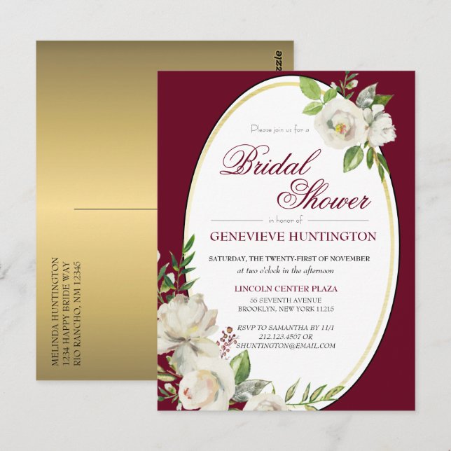 Cartão Postal Chá de panela Dourado Floral Elegante Burgundy (Frente/Verso)