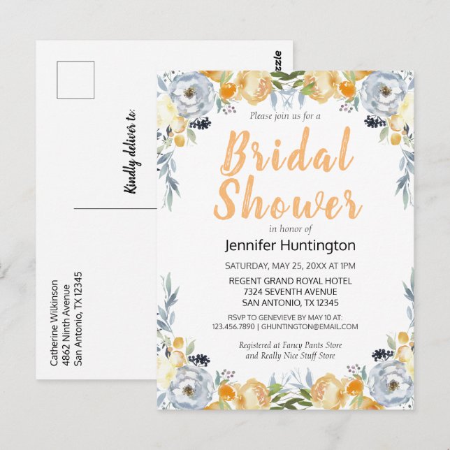 Cartão Postal Chá de panela Floral de Pêssego Elegante (Frente/Verso)