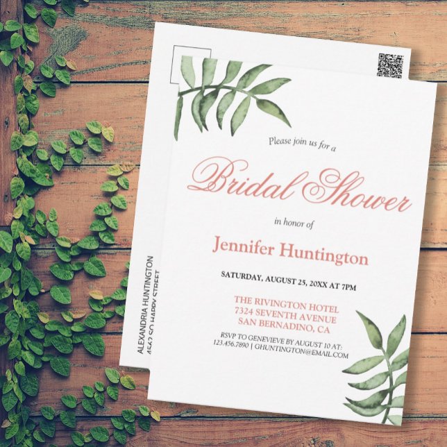Cartão Postal Chá de panela Verde Mínimo Moderno (MODERN MINIMAL GREENERY BRIDAL SHOWER INVITATION
)