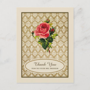 Cartão Postal Chá de panela Vintage Dourado Damask Rosa Obrigado