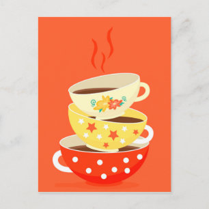 Cartão Postal Chá retrô, xícaras de chá de vintagem, artes branc