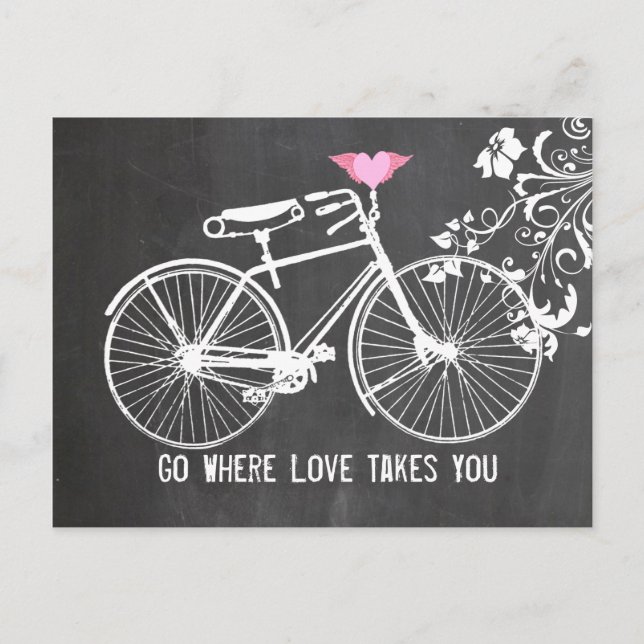 Cartão Postal Chalkboard Pink Winged Heart Bike Love (Frente)