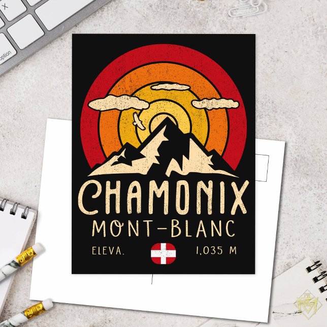Cartão Postal Chamonix França Retro Sunset Skiing Souvenirs 80s (Criador carregado)