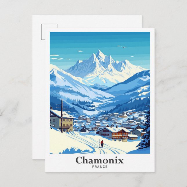 Cartão Postal Chamonix France - Ilustração de arte Viagem (Frente/Verso)