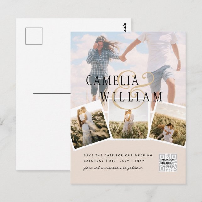 Cartão Postal Champagne Blush FOTO Salve a data QRcode no site d (Frente/Verso)