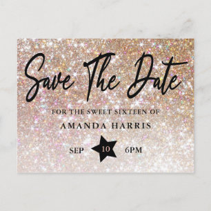 Cartão Postal Champagne Glitter Sweet 16 Save The Date (Salvar A