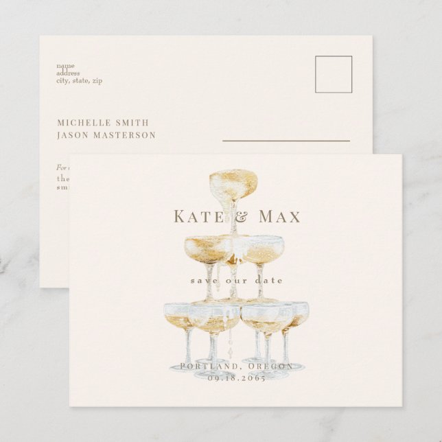 Cartão Postal Champanhe Moderno Creme Casamento Salve a Data (Frente/Verso)