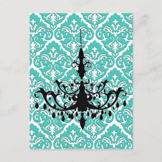 Cartão Postal Chandelier Silhouette Teal Damask (Frente)