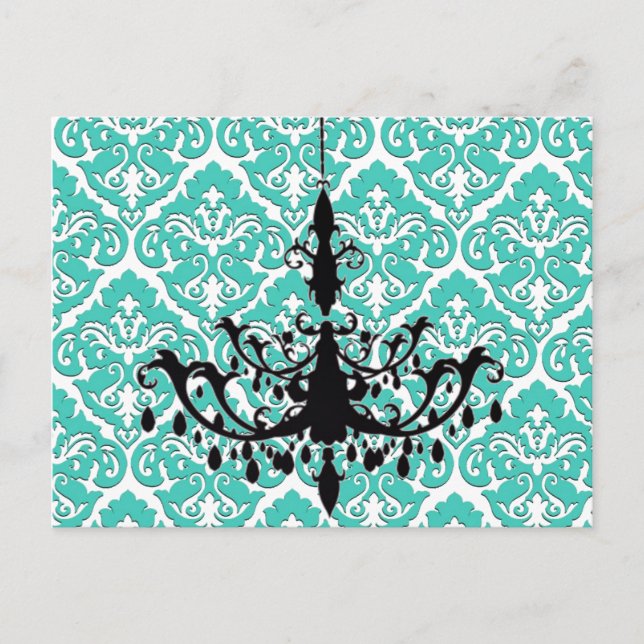 Cartão Postal Chandelier Silhouette Teal Damask (Frente)