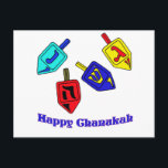 Cartão Postal Chanukah Dreidels<br><div class="desc">Um presente feliz de Chanukah,  com 4 sonhos com letras hebraicas que representam um milagre Excelente,  aconteceu lá!</div>