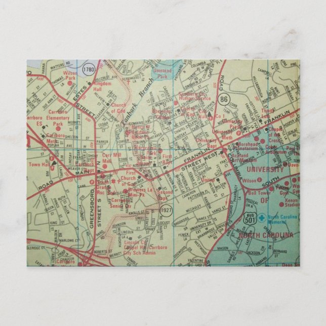 Cartão Postal CHAPEL HILL-CARRBORO, CÓDIGO-Postal DO MAPA Vintag (Frente)
