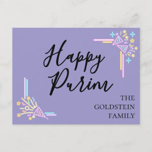 Cartão Postal Chapéu de Festança Roxo Neon Purim com Nome de Mis