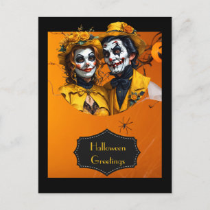 Cartão Postal Chapéu floral de Halloween e casal de caricatura d