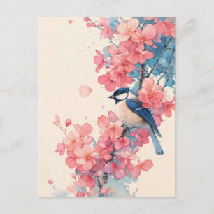 Cartão Postal Chapim-azul no Ramo de Flor de Cerejeira Rosa