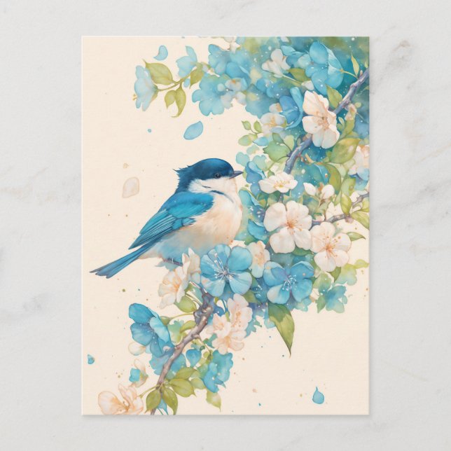 Cartão Postal Chapim-de-cabeça-preta em Ramo de Flor de Primaver (Frente)