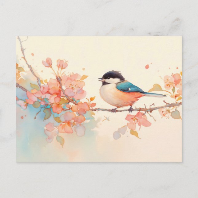 Cartão Postal Chapim sobre ramo de flor de primavera rosa (Frente)