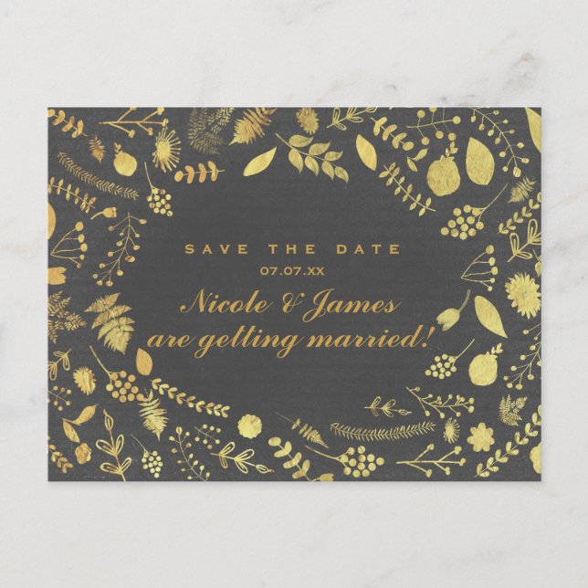 Cartão Postal Charcoal Grey & Gold Floral Save The (Frente)