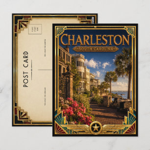 Cartão Postal Charleston Carolina do Sul Arte Deco Vintage Doura