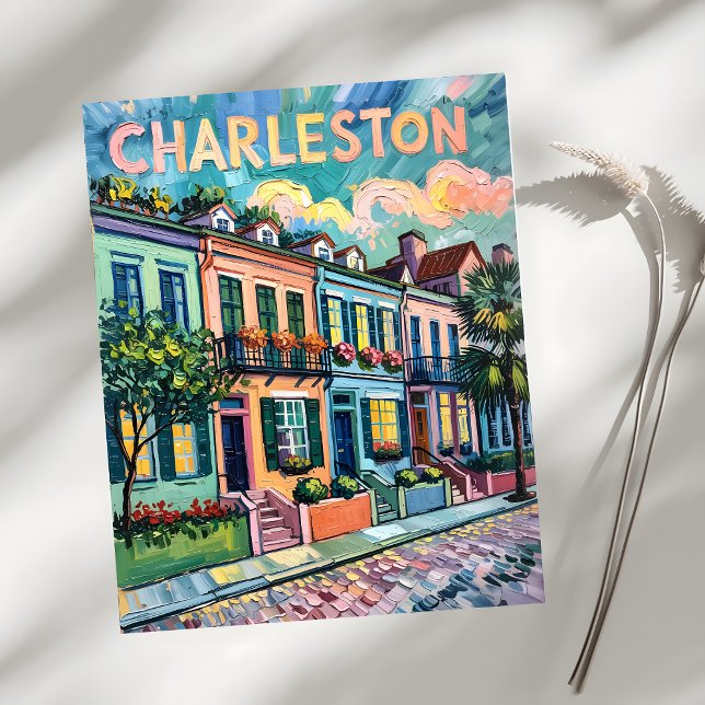 Cartão Postal Charleston Rainbow Row Colorful Van Gogh Viagem (Criador carregado)