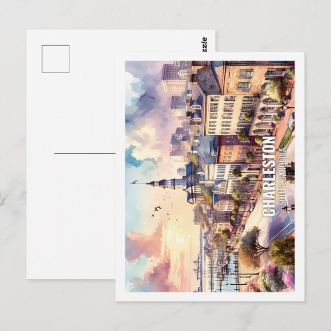 Cartão Postal Charleston South Carolina Familiar Place aquarela (Frente/Verso)