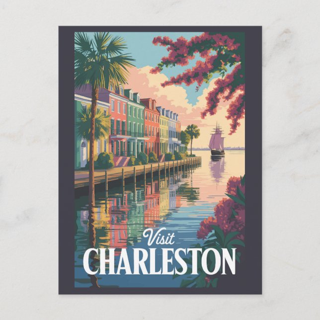 Cartão Postal Charleston South Carolina Waterfront Illustration (Frente)