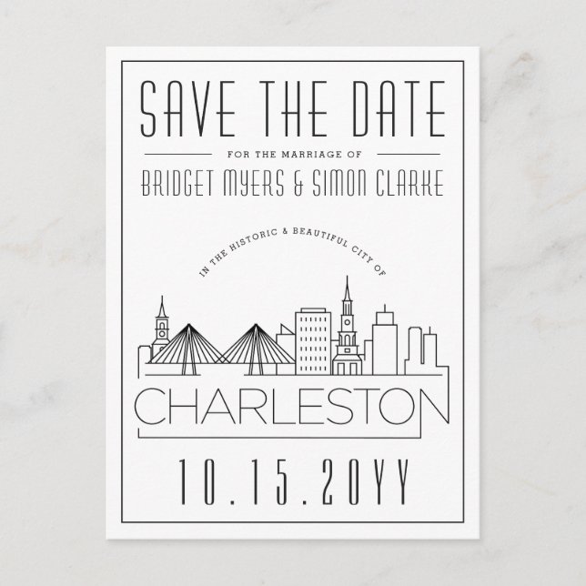 Cartão Postal Charleston Wedding Stylized Skyline Salvar a Data (Frente)