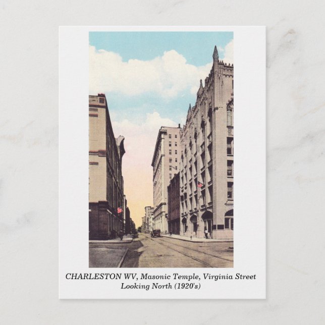 Cartão Postal Charleston WV - 1920 Masonic Temple Virginia Stree (Frente)
