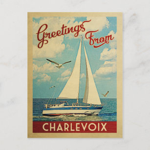 Cartão Postal Charlevoix Sailboat Viagens vintage Michigan