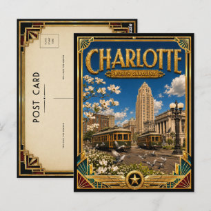 Cartão Postal Charlotte Carolina do Norte Arte Deco Dourado Vint