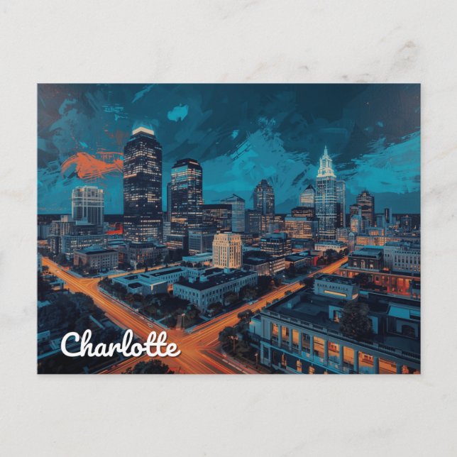 Cartão Postal Charlotte NC Uptown Night City Art (Frente)