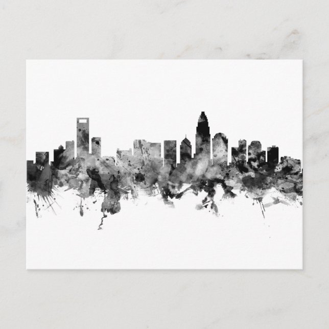 Cartão Postal Charlotte North Carolina Skyline Black White (Frente)